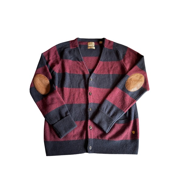 Scotch & Soda Other - Scotch & Soda Mens XXL Wool Cardigan Striped Leather Elbow Patches Burgundy Navy